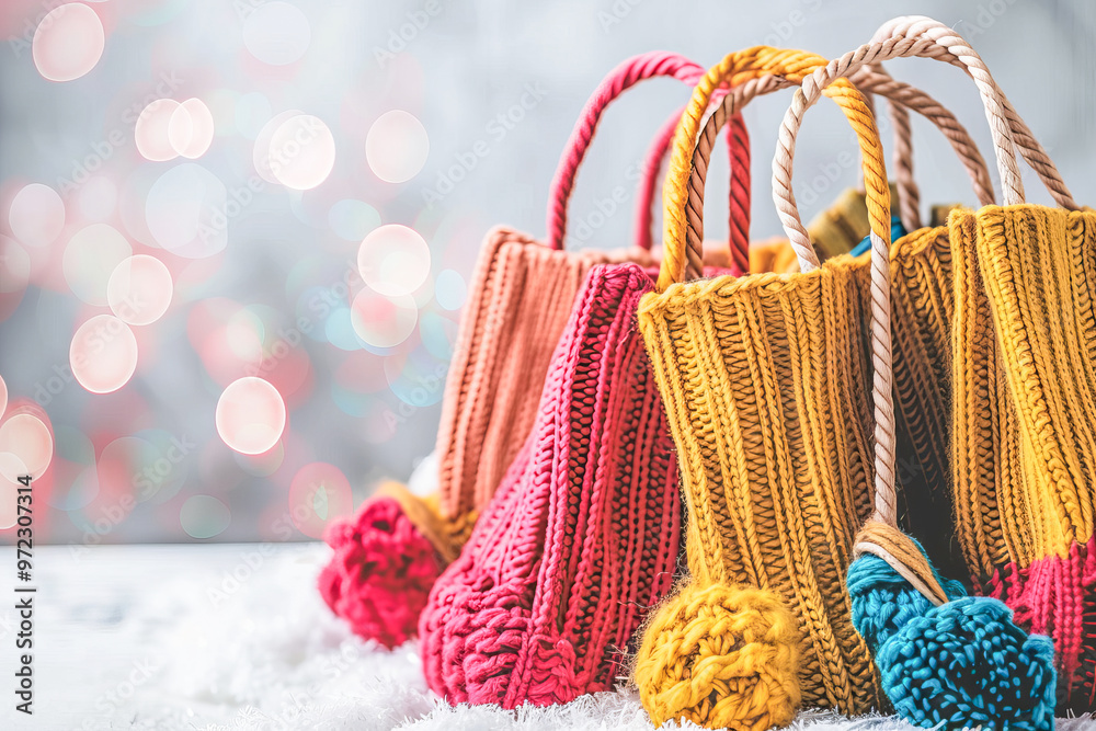 Colorful knitted christmas gift bags standing in snow with sparkling background Colorful knitted christmas gift bags standing in snow with sparkling background