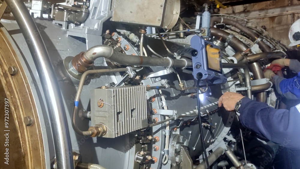 Mechanic inspects turbine blades for wear using advanced non-destructive methods. This diagnostic ensures long-term equipment reliability and prevents potential failures in industrial settings. Mechanic inspects turbine blades for wear using advanced non-destructive methods. This diagnostic ensures long-term equipment reliability and prevents potential failures in industrial settings.