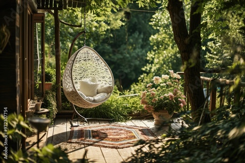 Tranquil Retreat: Hanging Chair in Garden Oasis with White Pouf and Round Rug