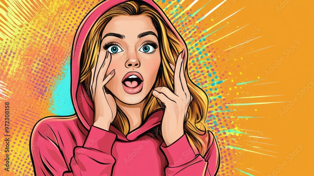 Surprised young woman with blonde hair in a pink hoodie against a vibrant orange background. Surprised young woman with blonde hair in a pink hoodie against a vibrant orange background.