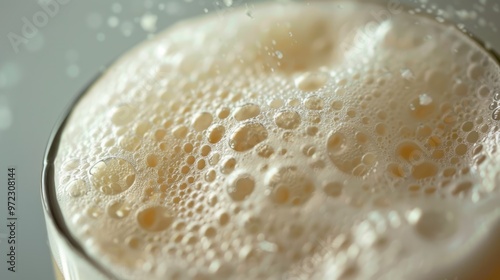 Close-up of frothy beverage in a glass, showcasing bubbles and texture.