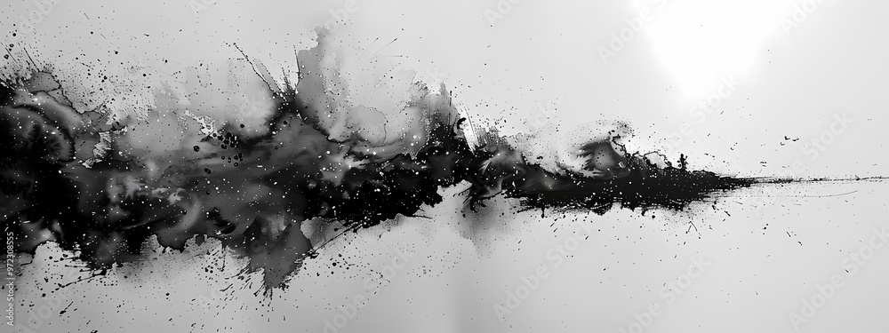 An abstract black and white art piece showcasing dynamic splashes and strokes, creating an expressive visual impact.