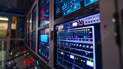 Close-up of a Server Room Control Panel with Digital Displays