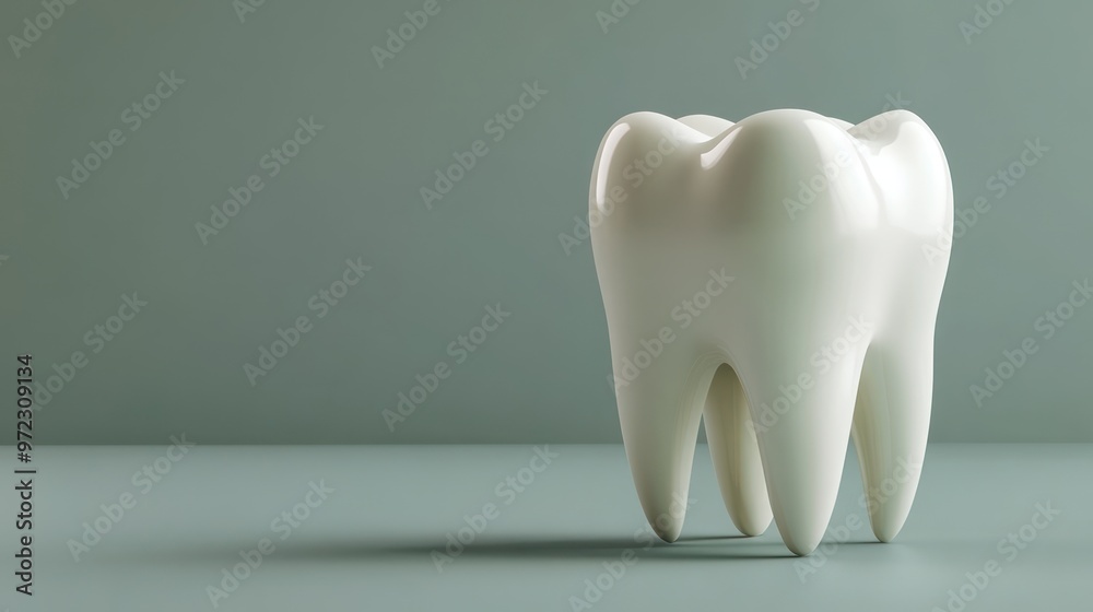 A realistic, oversized white tooth model on a soft green background, emphasizing dental health and hygiene. A realistic, oversized white tooth model on a soft green background, emphasizing dental health and hygiene.