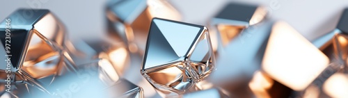 Polished Chrome Geometric Sculpture, an intricate closeup of a sleek metal surface featuring abstract shapes and reflections, showcasing modern design in a minimalistic setting.