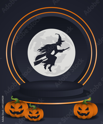 Halloween background dark podium for product display with Moon, witch, and pumpkins with copy space area