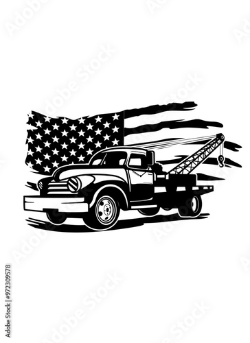 US Towing Truck | Tow Truck Driver | US Flag | Towing Crew | Towing Equipment | Tow Truck Owner | Tow Trucker | Towing Service | Original Illustration | Vector and Clipart | Cutfile and Stencil photo