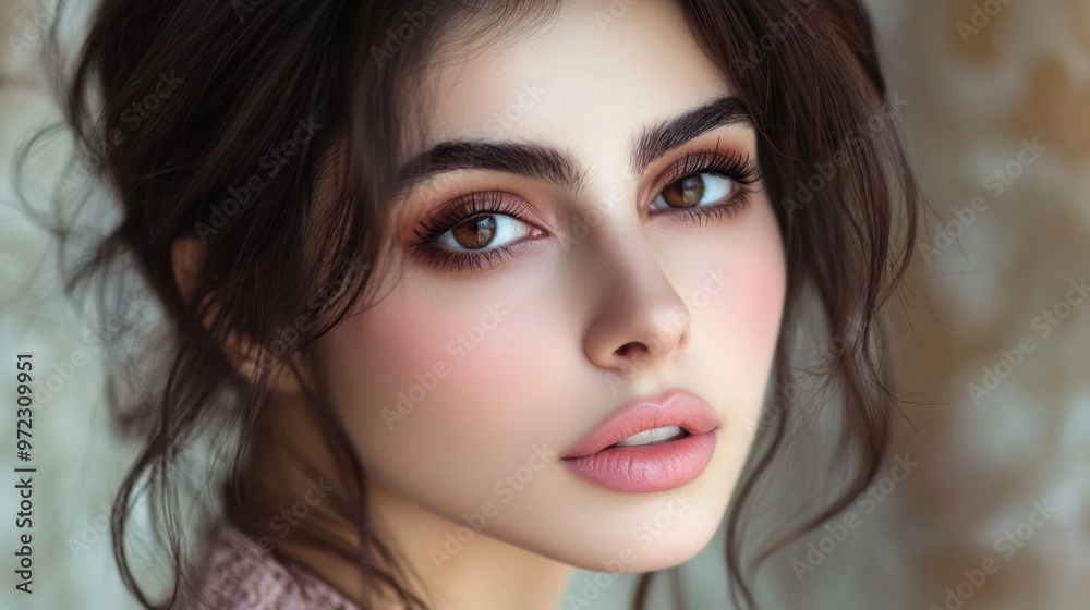 A stunning Persian woman with dark brown hair and soft pink blush, her eyes captivating A stunning Persian woman with dark brown hair and soft pink blush, her eyes captivating