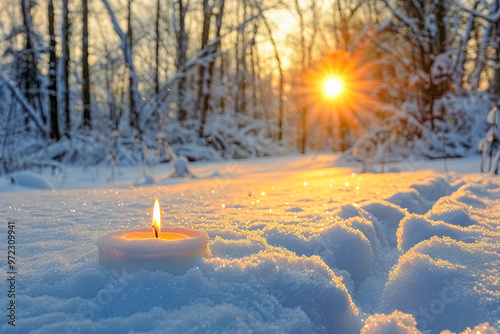 Burning candle illuminating snowy forest path at sunset during winter solstice photo