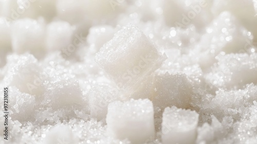 Close-up of white sugar cubes amidst granulated sugar, highlighting texture and detail. photo