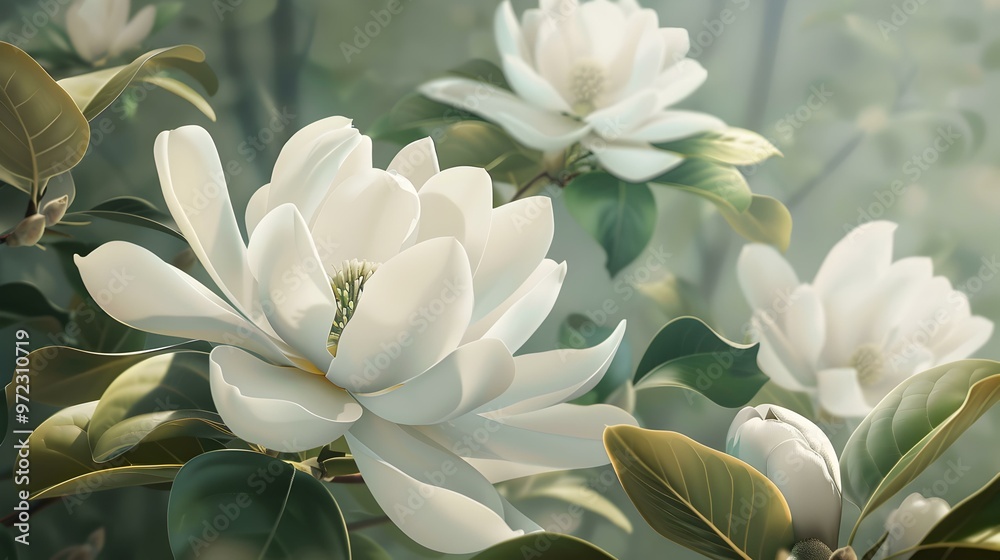 White Magnolia Blossoms in Full Bloom A Close-Up View of Delicate Petals and Lush Green Leaves White Magnolia Blossoms in Full Bloom A Close-Up View of Delicate Petals and Lush Green Leaves