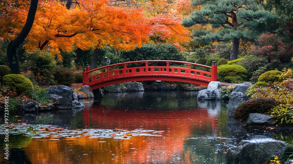 A peaceful Japanese garden in autumn with a red bridge over a koi pond A peaceful Japanese garden in autumn with a red bridge over a koi pond