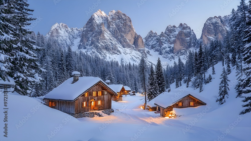 Fototapeta premium Snow-covered village surrounded by towering mountains, peaceful atmosphere with pine trees dusted in white, warm glow from windows illuminating the scene