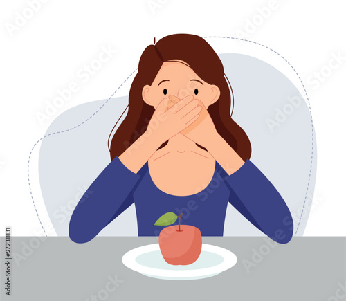 Anorexia. A sad woman is sitting with an empty plate with an apple. The girl is sick of food. Diet risk. Vector flat illustraton.