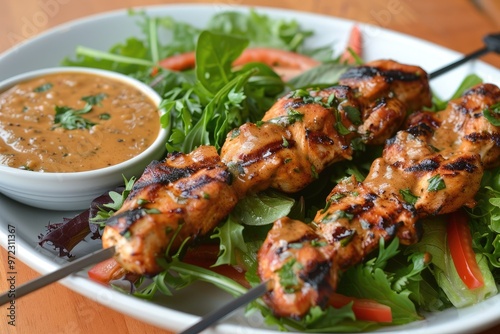 Grilled chicken skewers on a bed of greens. A delicious and healthy meal option, perfect for a summer barbecue or lunch.