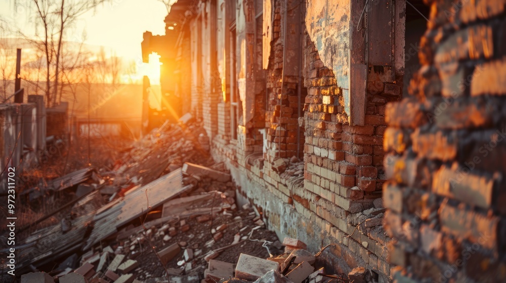 Remnants of a Brick Wall from Earthquake Destruction Ruined Structure in Shambles Rubble from Blast and Conflict Harm Neglected Catastrophe Site with Shattered Windows Remnants of a Brick Wall from Earthquake Destruction Ruined Structure in Shambles Rubble from Blast and Conflict Harm Neglected Catastrophe Site with Shattered Windows