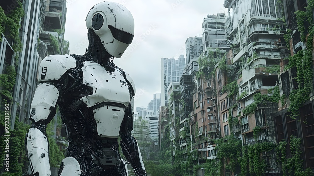 A futuristic robot with sleek metallic limbs walking through a post-apocalyptic city, crumbling buildings overgrown with vines and moss, Sci-Fi, 3D render, muted colors, overgrown nature reclaiming A futuristic robot with sleek metallic limbs walking through a post-apocalyptic city, crumbling buildings overgrown with vines and moss, Sci-Fi, 3D render, muted colors, overgrown nature reclaiming