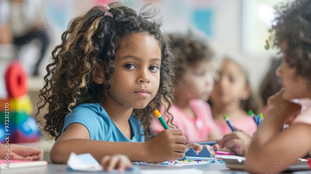 Children sitting at the table in class, drawing with markers and making crafts on paper. Education and friendship. Diverse children learning together. happy kids day care center Children sitting at the table in class, drawing with markers and making crafts on paper. Education and friendship. Diverse children learning together. happy kids day care center