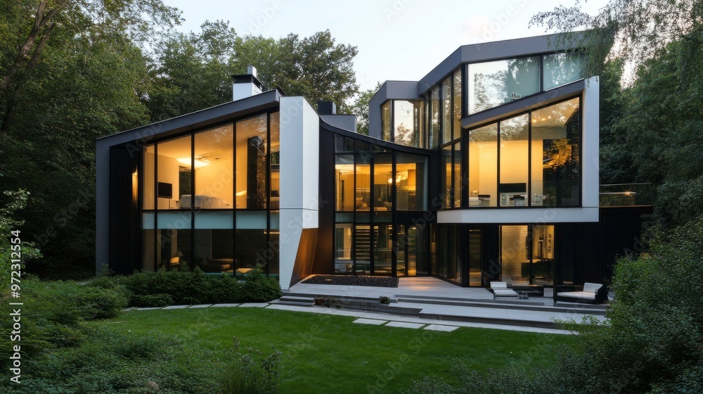 Ultra-modern house exterior with glass walls, geometric shapes, and a futuristic design in a quiet suburban setting. Ultra-modern house exterior with glass walls, geometric shapes, and a futuristic design in a quiet suburban setting.