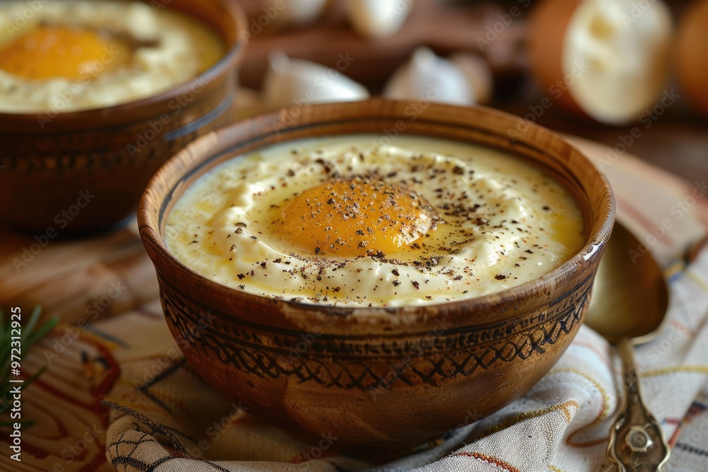 A bowl of creamy egg soup with pepper. This image is perfect for illustrating recipes, food blogs, and articles about traditional Eastern European cuisine. A bowl of creamy egg soup with pepper. This image is perfect for illustrating recipes, food blogs, and articles about traditional Eastern European cuisine.