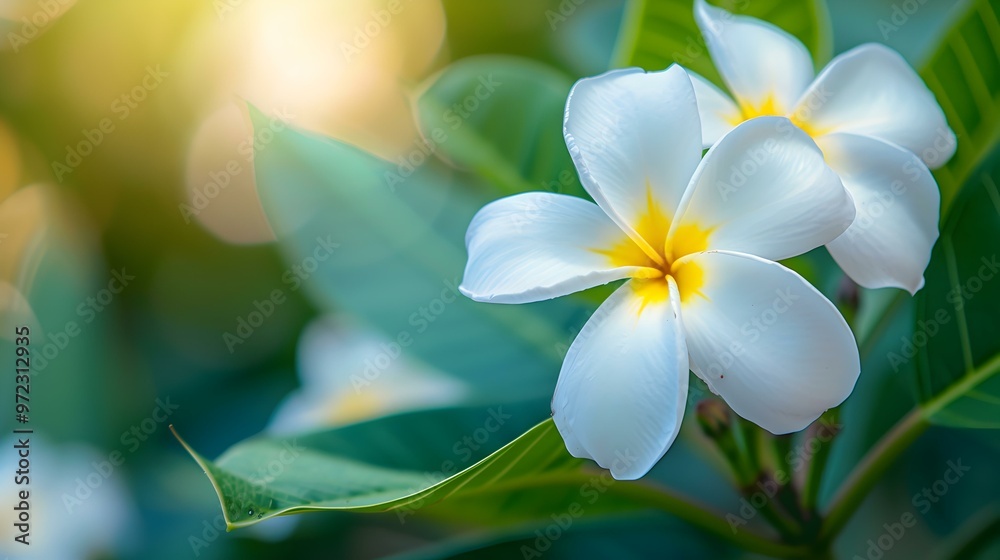 White Plumeria Flower with Yellow Center and Green Leaves