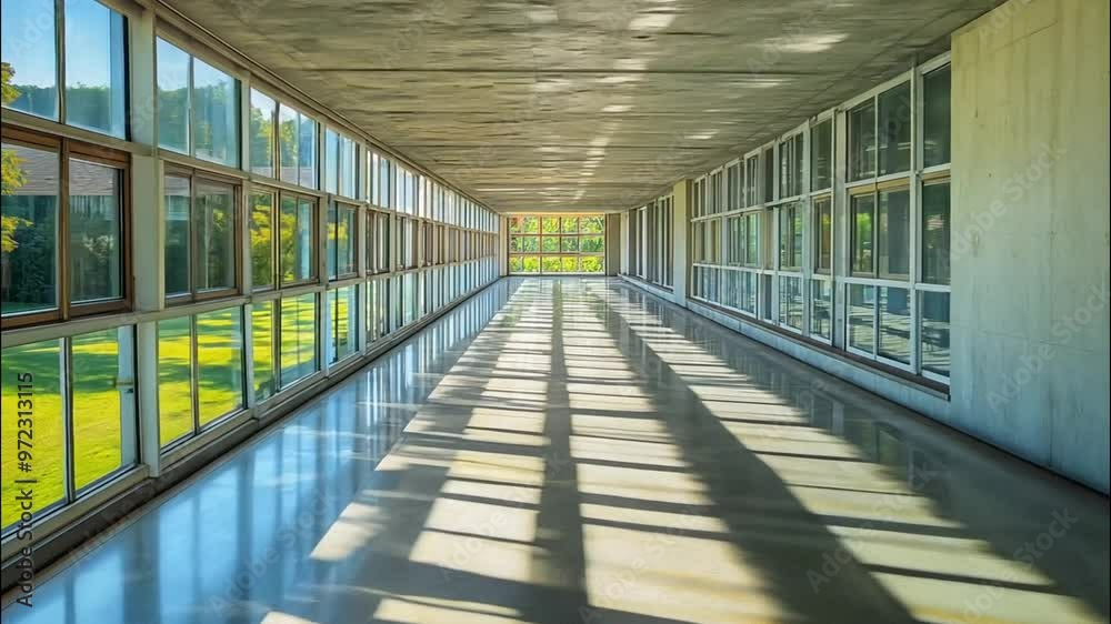 Sunlit Corridor with Glass Walls and Tree Shadows Sunlit Corridor with Glass Walls and Tree Shadows