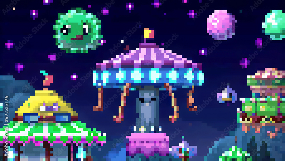 Pixel Art Night Carnival with Animated Floating Creatures in Space Pixel Art Night Carnival with Animated Floating Creatures in Space