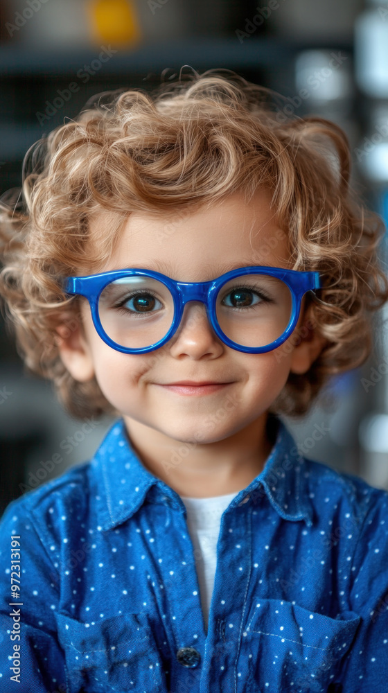 A young child wearing blue glasses and a blue shirt. The child is smiling and looking at the camera A young child wearing blue glasses and a blue shirt. The child is smiling and looking at the camera