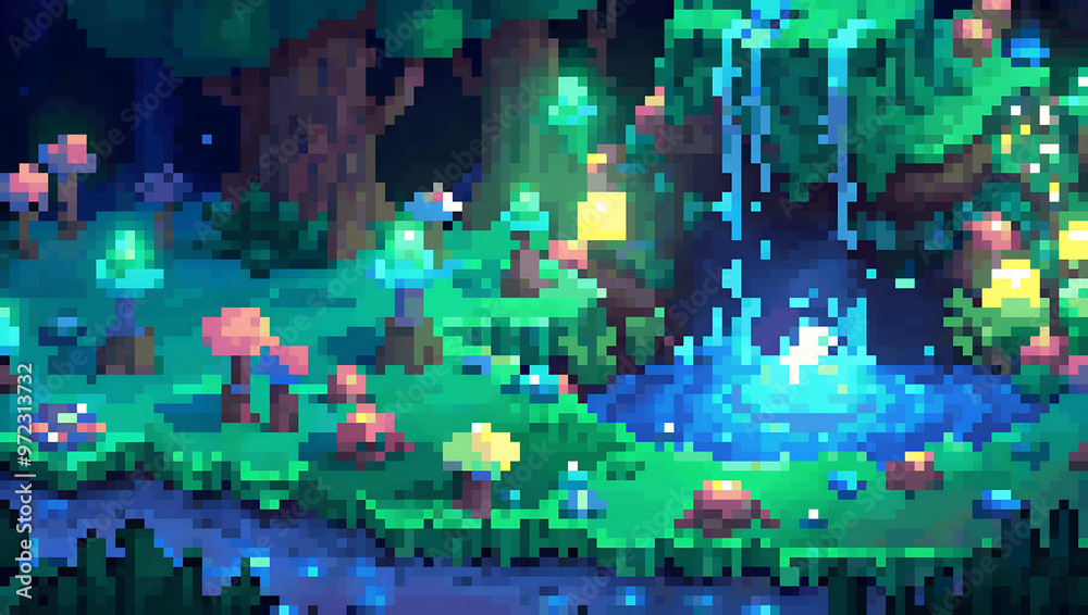 Enchanting Pixel Art Forest Scene with Waterfall and Glowing Mushrooms Enchanting Pixel Art Forest Scene with Waterfall and Glowing Mushrooms