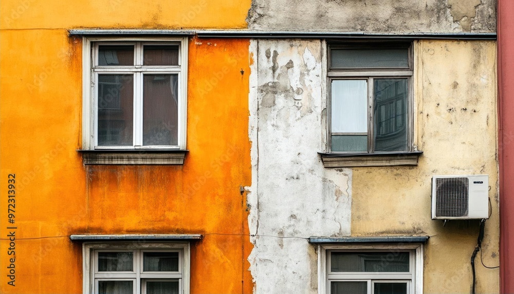 Old building facade with windows, yellow, white and beige paint, with an air conditioner on the side. Old building facade with windows, yellow, white and beige paint, with an air conditioner on the side.