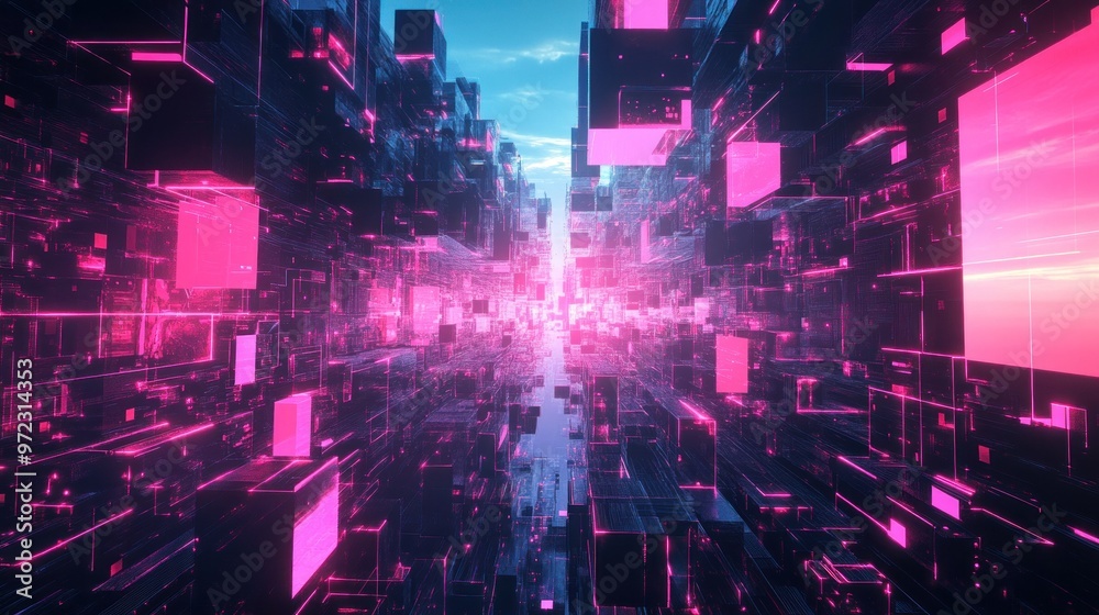 Fototapeta premium A futuristic digital landscape with glowing pink cubes and reflections.
