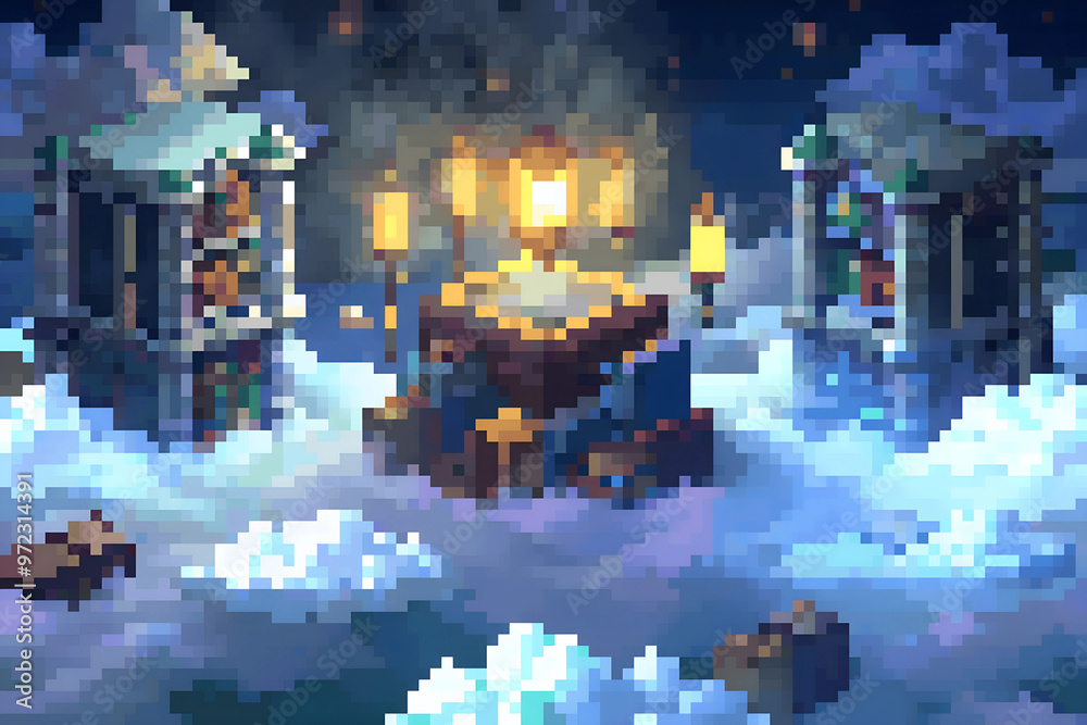 Pixel Art Lanterns in Snowy Fantasy Landscape at Night Pixel Art Lanterns in Snowy Fantasy Landscape at Night