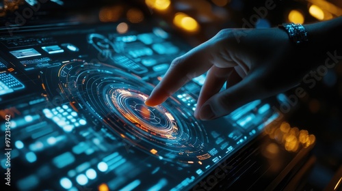 A hand interacts with a futuristic touchscreen interface, displaying glowing digital data and a circular graphic.