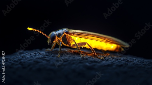 A glowing firefly on a dark surface.