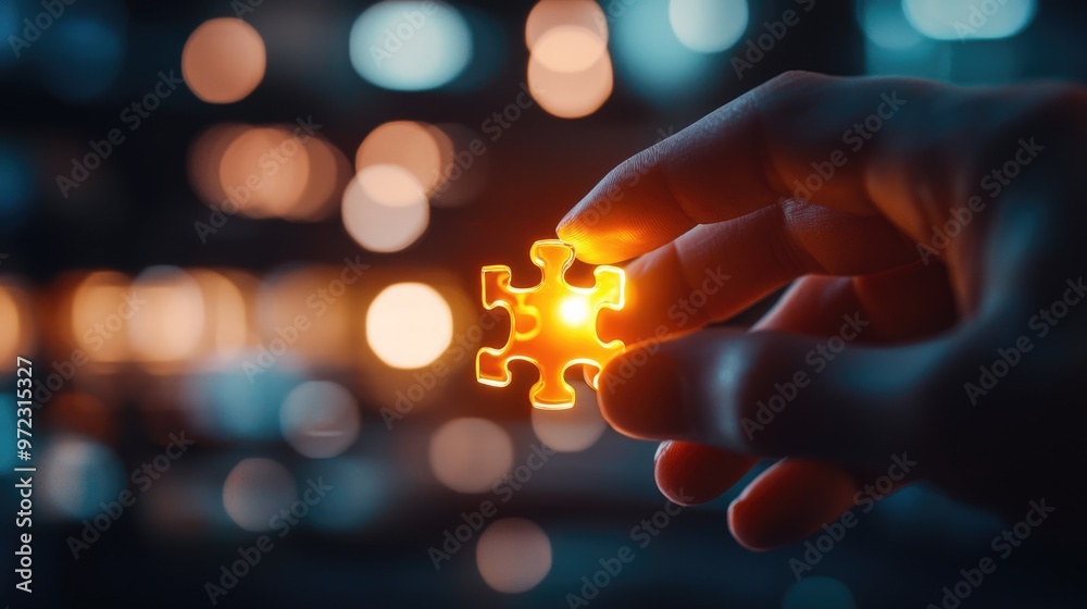 Obraz premium Hands holding a glowing 3D puzzle piece, fitting it into a larger creative business puzzle, solution finding, creative problem-solving in business