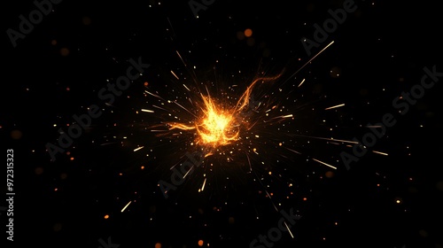 Abstract background of orange glowing sparks and fire on a black background.
