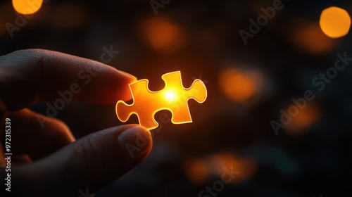 Hands holding a glowing 3D puzzle piece, fitting it into a larger creative business puzzle, solution finding, creative problem-solving in business photo