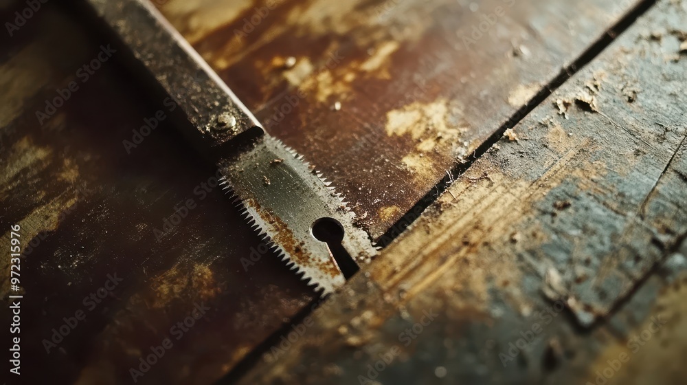 This business card creatively showcases a saw blade cutting through its edge, set on a textured wooden background This business card creatively showcases a saw blade cutting through its edge, set on a textured wooden background