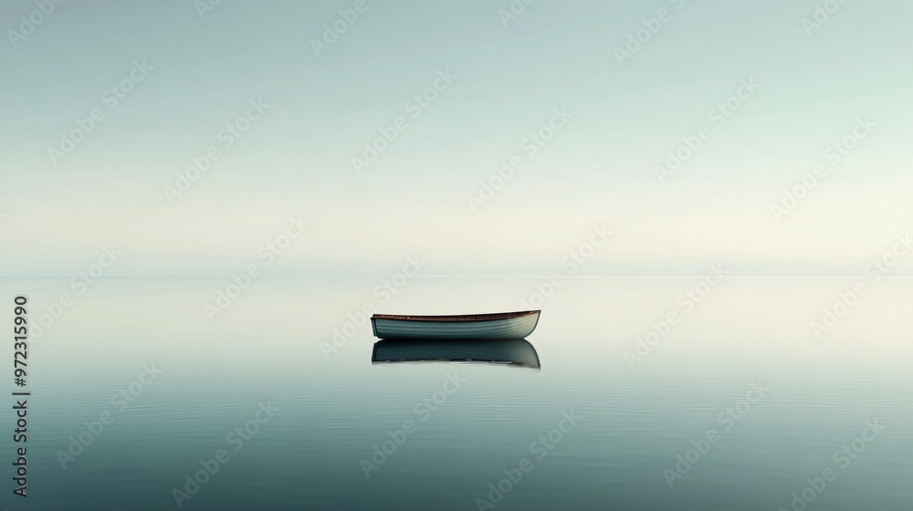 Minimalist scene with a single boat floating on a calm lake, with a pale sky and smooth reflections in the water, evoking tranquility and peace, 4K hyperrealistic photo. Minimalist scene with a single boat floating on a calm lake, with a pale sky and smooth reflections in the water, evoking tranquility and peace, 4K hyperrealistic photo.