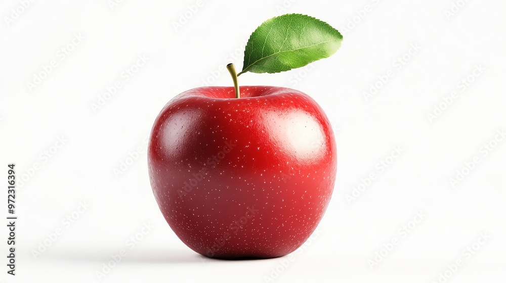 A single red apple with a green leaf on a white background. A single red apple with a green leaf on a white background.