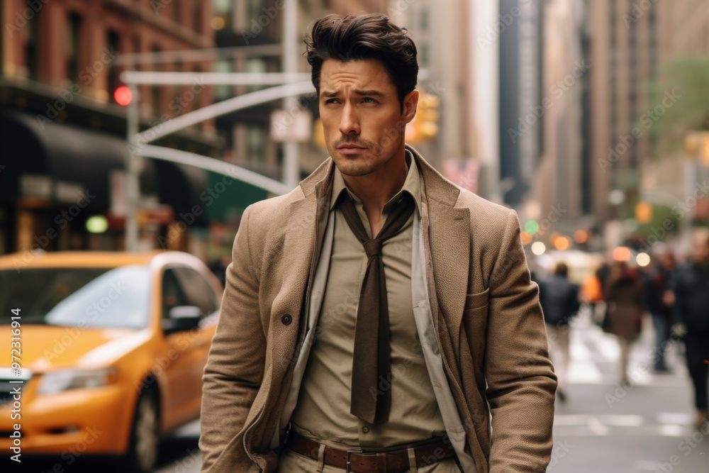 A man in a brown jacket and tie walks down a city street A man in a brown jacket and tie walks down a city street