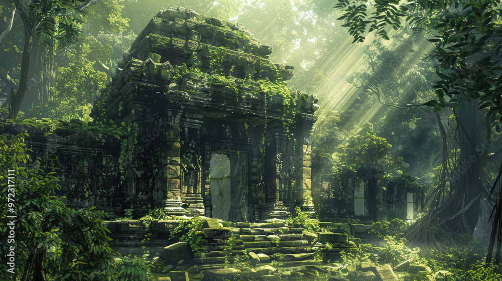 Ancient Ruins in Lush Jungle: A forgotten temple, shrouded in verdant foliage, bathed in ethereal sunlight, evokes a sense of mystery and wonder. The ancient stones stand as a testament to a lost civi Ancient Ruins in Lush Jungle: A forgotten temple, shrouded in verdant foliage, bathed in ethereal sunlight, evokes a sense of mystery and wonder. The ancient stones stand as a testament to a lost civi