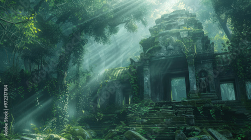 Ancient Temple, Jungle Sanctuary: Sunbeams illuminate a moss-covered stone temple, half-consumed by the vibrant jungle, hinting at forgotten grandeur and the relentless embrace of nature.  photo