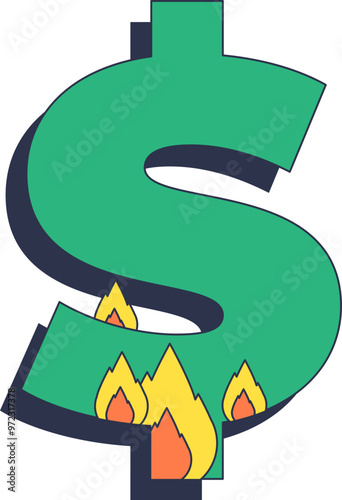 Green dollar sign with flames, symbolizing inflation and reduced purchasing power.