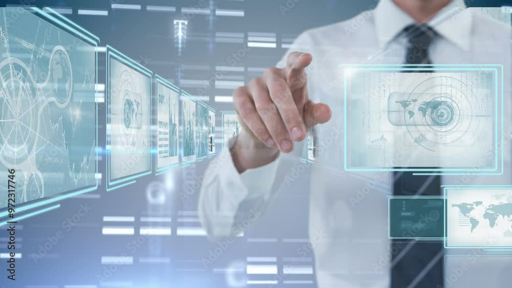 Touching digital screen, businessman interacting with futuristic data processing animation Touching digital screen, businessman interacting with futuristic data processing animation