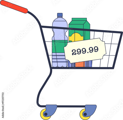 Shopping cart with items and a price tag showing $299.99, symbolizing consumer spending.
