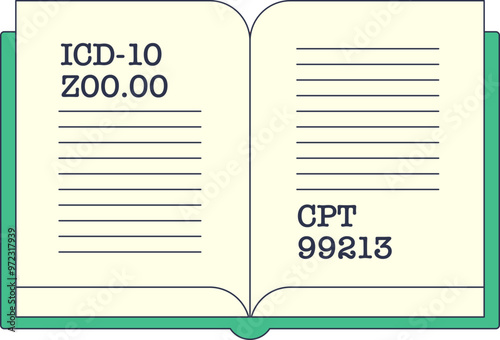 Open book with codes ICD-10 and CPT, symbolizing medical coding knowledge.