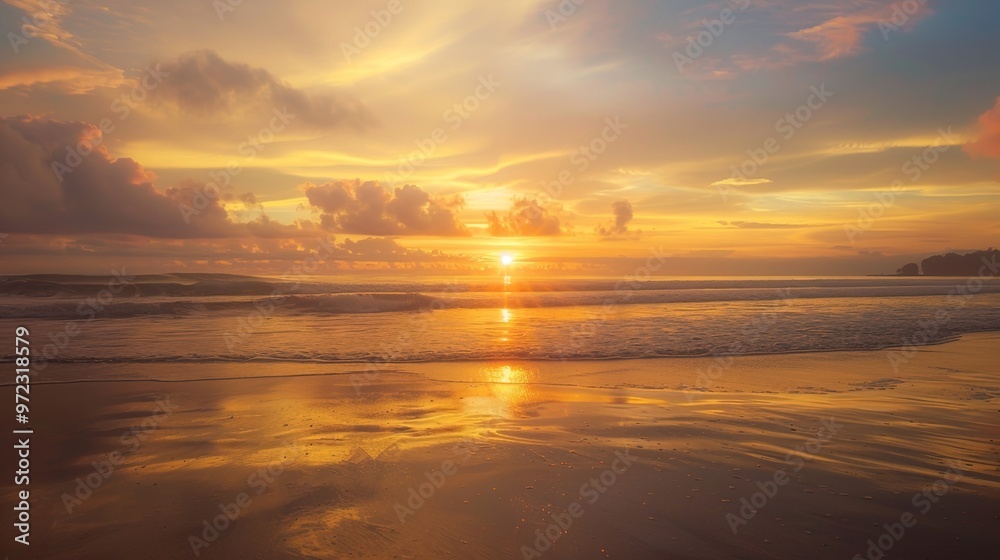 Sunset on a tropical beach with palm trees and gentle waves Studio beach landscape photography Summer vacation and travel concept Sunset on a tropical beach with palm trees and gentle waves Studio beach landscape photography Summer vacation and travel concept