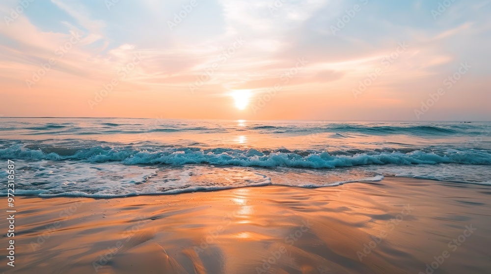 Obraz premium Sunset on a tropical beach with palm trees and gentle waves Studio beach landscape photography Summer vacation and travel concept
