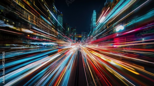 A vibrant night cityscape with light trails depicting fast-moving traffic.